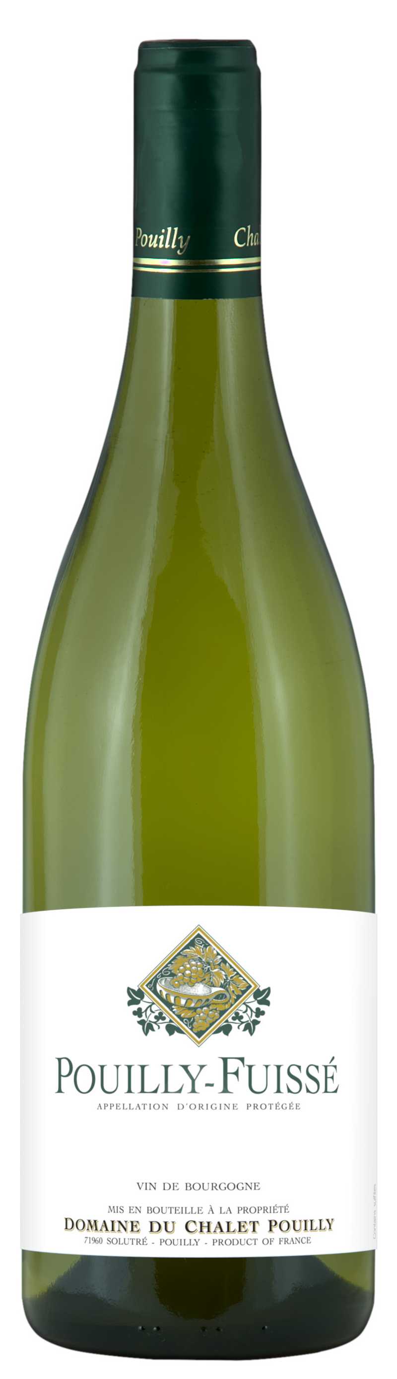 ** Preview. Download file for best image quality. **
 Depicts a bottle of Pouilly-Fuissé by Domaine du Chalet Pouilly.